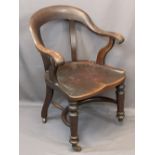 VICTORIAN OAK & MAHOGANY OFFICE ARMCHAIR with curved back rail and swept arms on turned front