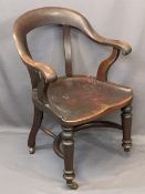 VICTORIAN OAK & MAHOGANY OFFICE ARMCHAIR with curved back rail and swept arms on turned front