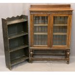 OAK GLAZED TWO DOOR BOOKCASE and one other open example in dark oak, 106cms overall H, 76cms W,