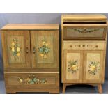 TWO UPCYCLED CABINETS with scumbled finish and floral painted detail, 116cms H, 63cms W, 39cms D and