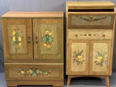 TWO UPCYCLED CABINETS with scumbled finish and floral painted detail, 116cms H, 63cms W, 39cms D and