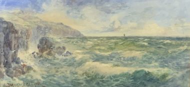 JOSEPH HUGHES CLAYTON watercolour - rough seas Anglesey coast, signed, 26 x 54cms