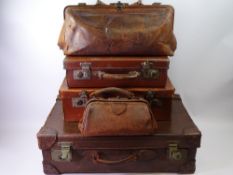 THREE OLD LEATHER SUITCASES & A GLADSTONE BAG