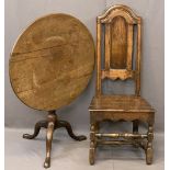 ANTIQUE MAHOGANY BIRDCAGE TRIPOD TABLE and an antique oak hall chair, 73cms diameter top, 67.5cms