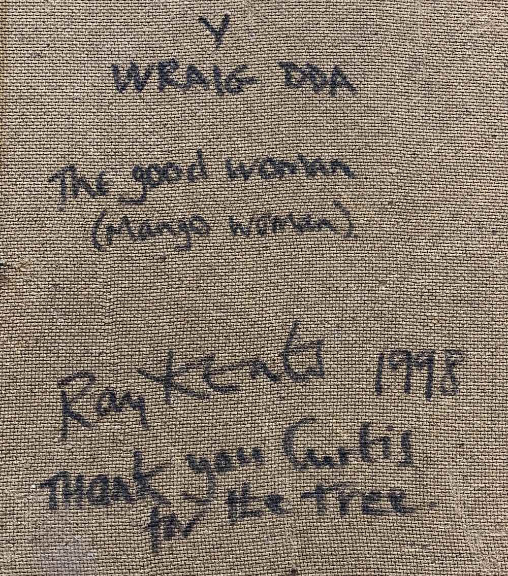 RAY KEATS oil on board - titled 'Y Wraig Dda' - The Good Woman (Mango Women), signed verso Ray Keats - Image 3 of 3