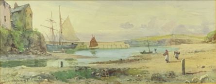 JOSEPH HUGHES CLAYTON watercolour - harbour scene with boats and figures on the shore, signed, 14