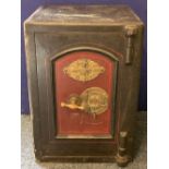 VINTAGE CAST IRON SAFE with locking key, Skidmores Bent Steel Safes plaque and two interior drawers,