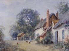 JOSEPH HUGHES CLAYTON watercolour - cottages on a lane with lady feeding poultry, signed, 23 x