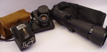 TWO VINTAGE CAMERAS & A MODERN 20 - 60 X 60 monoscope with carry case, the cameras being a Pentax