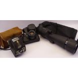 TWO VINTAGE CAMERAS & A MODERN 20 - 60 X 60 monoscope with carry case, the cameras being a Pentax