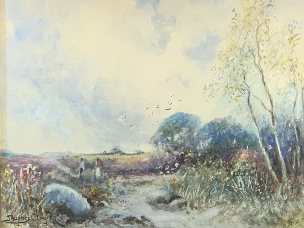 JOSEPH HUGHES CLAYTON watercolour - rural scene with two figures and circling birds, signed, 22 x