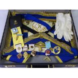 MASONIC BRIEFCASE WITH CONTENTS - apron, gloves, silver and other medallions ETC