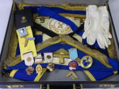 MASONIC BRIEFCASE WITH CONTENTS - apron, gloves, silver and other medallions ETC