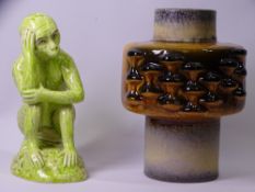 WEST GERMAN FAT LAVA VASE and a Majolica style seated chimpanzee, 21 and 20cm heights