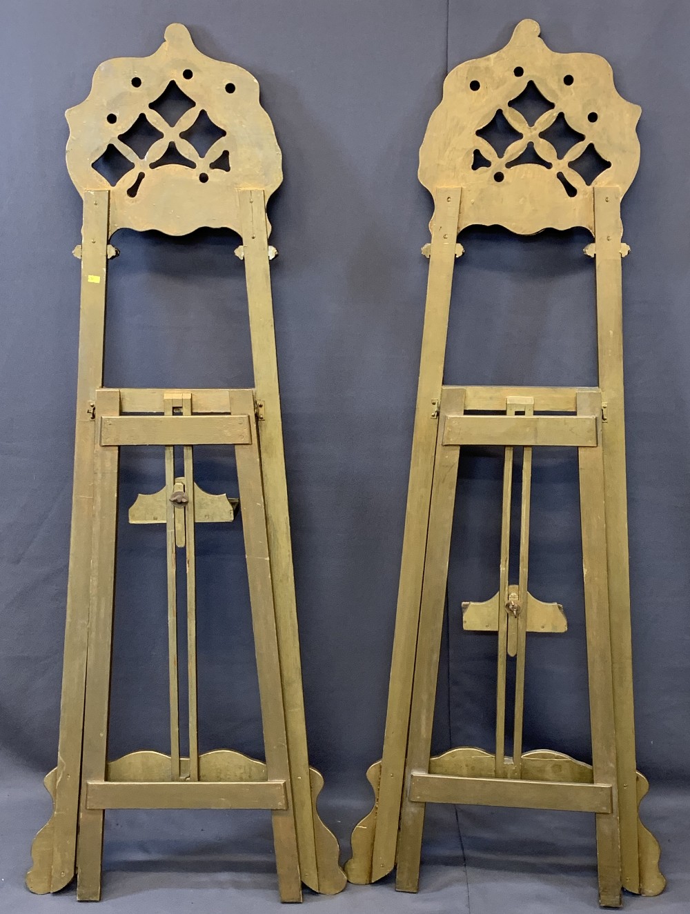 TWO LARGE VINTAGE GILT DECORATED EASEL STANDS having lattice work and applied mouldings with - Image 2 of 2