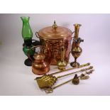 FIRESIDE ITEMS - a beaten coal box, 33cms tall, fire irons, other brass and copperware and an oil