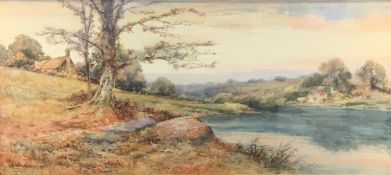 CRESWICK BOYDELL RCA watercolour - riverscape with tree and cottages, signed, 50 x 111cms