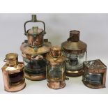 VINTAGE COPPER SHIP'S LAMPS the largest marked Masthead, 30cms H, a smaller example marked Anchor,
