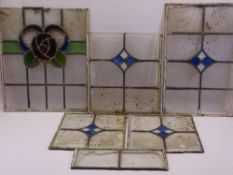 FIVE LEADED & STAINED GLASS WINDOW PANELS, 57 x 38.5cms the largest (no frames)