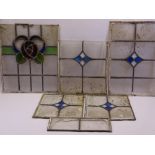 FIVE LEADED & STAINED GLASS WINDOW PANELS, 57 x 38.5cms the largest (no frames)