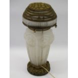 ART DECO RELIEF MOULDED GLASS & GILT METAL TABLE LAMP, 47cms H