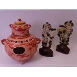 JAPANESE KUTANI INCENSE/POT POURRI JAR & COVER and two carved soap stone ornaments, 24.5 and 23cm