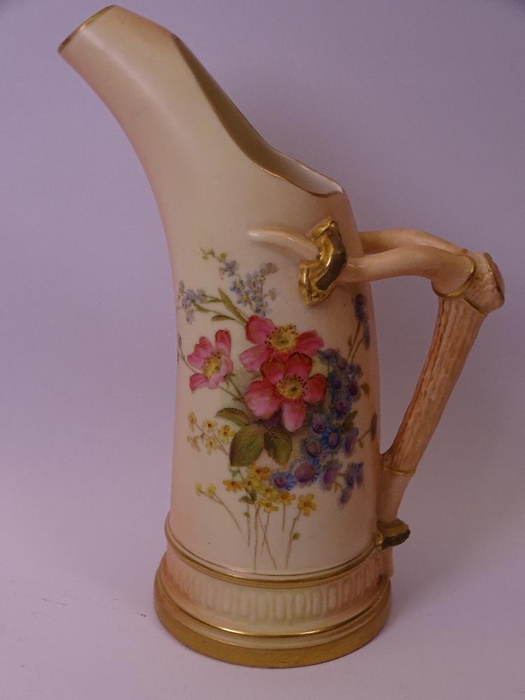 ROYAL WORCESTER TUSK JUG with antler type handle, floral decorated on a Blush ground, pattern No