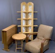 VINTAGE & LATER FURNITURE ENSEMBLE to include an Art Deco oak armchair, 80cms H, 67cms W, 93cms