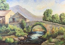 J L TONGE oil on board - rural scene with stone wall bridge, buildings and river, 49 x 75cms, signed