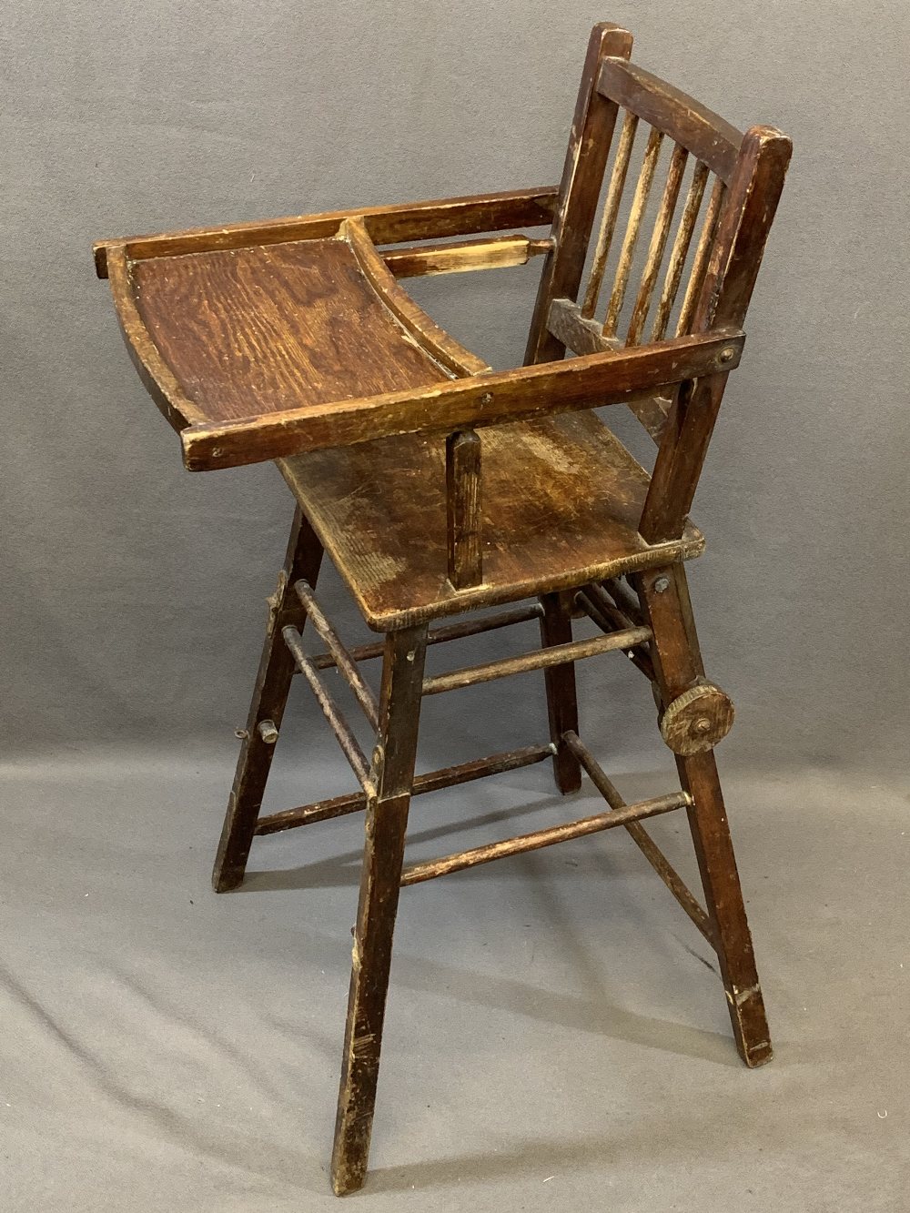 TWO CHILD'S VINTAGE HIGHCHAIRS including a metamorphic example with wheels, 101cms H, 37cms W, 47cms - Image 3 of 5