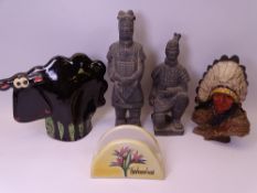 STUDIO POTTERY SHEEP, Terracotta Army type pottery figurines (2), composition Indian Chief bust