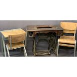 ESAVIAN METAL FRAMED CHILD'S DESK & THREE STACKING CHAIRS with a Jones sewing machine table base,