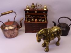 LARGE BRASS SHIRE HORSE & OTHER BRASSWARE and two antique kettles with a miniature wooden dresser