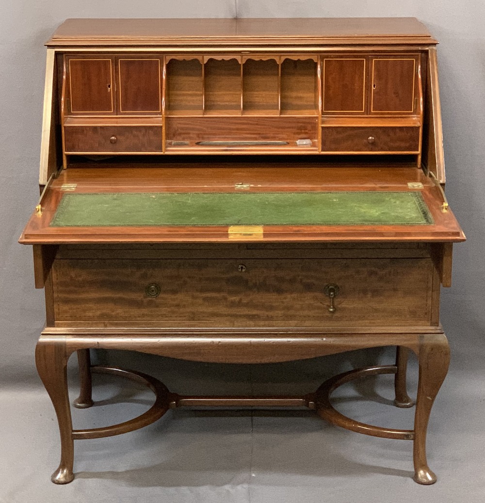 QUALITY WARINGS STAMPED STRING INLAID MAHOGANY FALL-FRONT BUREAU, the fall with boxwood inlaid