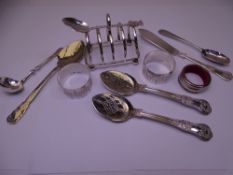 MIXED SILVER & EPNS WARE including a four section toast rack on ball feet, Birmingham 1920, possibly