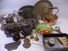 VINTAGE PEWTER COPPER & BRASSWARE to include two portable type stoves, vintage brass blow lamp and a