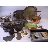 VINTAGE PEWTER COPPER & BRASSWARE to include two portable type stoves, vintage brass blow lamp and a