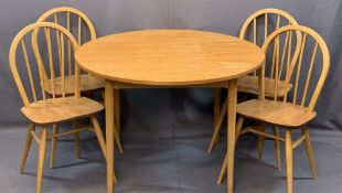 ERCOL HOOP BACK SPINDLE DINING CHAIRS (4) and a similarly styled circular top dining table, 70cms H,