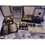 CASED & LOOSE CUTLERY including a set of fish knives and forks with mother of pearl handles, a cased