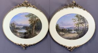 ENGLISH SCHOOL 19th Century watercolours, a pair, oval format - expansive landscapes with figures