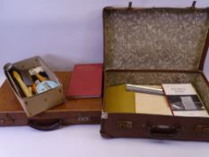 TWO VINTAGE BRIEFCASES, one with Book Binding Publication and accompanying tools