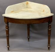 WHITE MARBLE TOP CORNER WASHSTAND on a mahogany base with turned supports, 83cms overall H, 87.