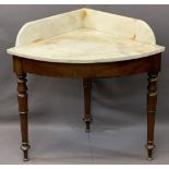 WHITE MARBLE TOP CORNER WASHSTAND on a mahogany base with turned supports, 83cms overall H, 87.