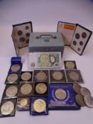 VINTAGE CASH BOX & COMMEMORATIVE CROWNS & COINAGE CONTENT to include eight Churchills, three Charles