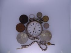 SILVER CASED KEYWIND POCKET WATCH, two fob chains and a small selection of crowns and coinage, the