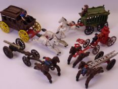 TOYS - cast iron models of horses, carriages, cannon fire and firemen, a good assortment