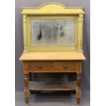 VINTAGE PINE KITCHEN TABLE and a green painted overmantel mirror, the stripped top table having twin