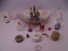 DECORATIVE GLASS SCENT BOTTLES, crystal type ornaments, pill boxes and Art glass bowls
