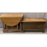 OAK GATELEG DINING TABLE and a lidded blanket chest with carved front detail, 73cms H, 91.5cms L,