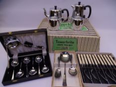 BOXED TOWERBRITE CAFE TEASET and a mixed quantity of cased cutlery